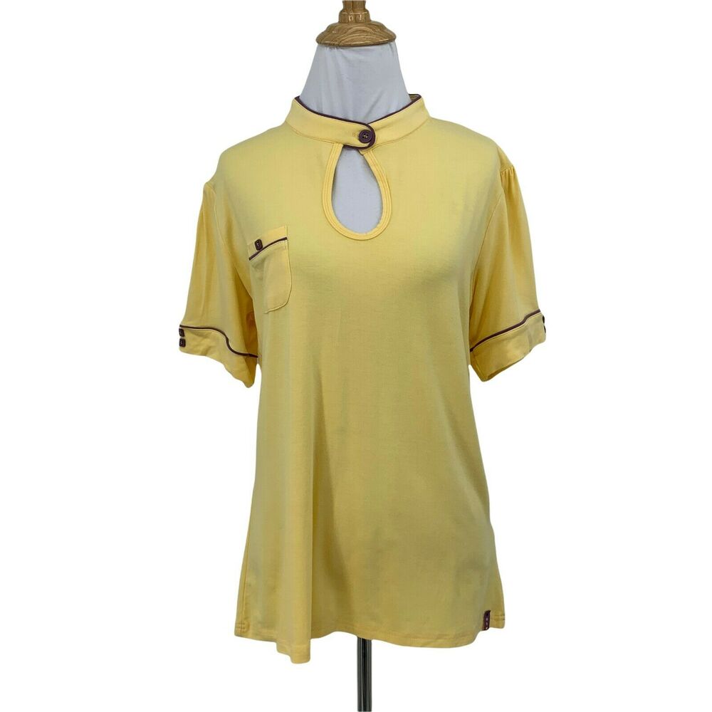 Lija Polo Shirt Size XL Custard Yellow Keyhole Snap Collar Fitted Golf Tennis